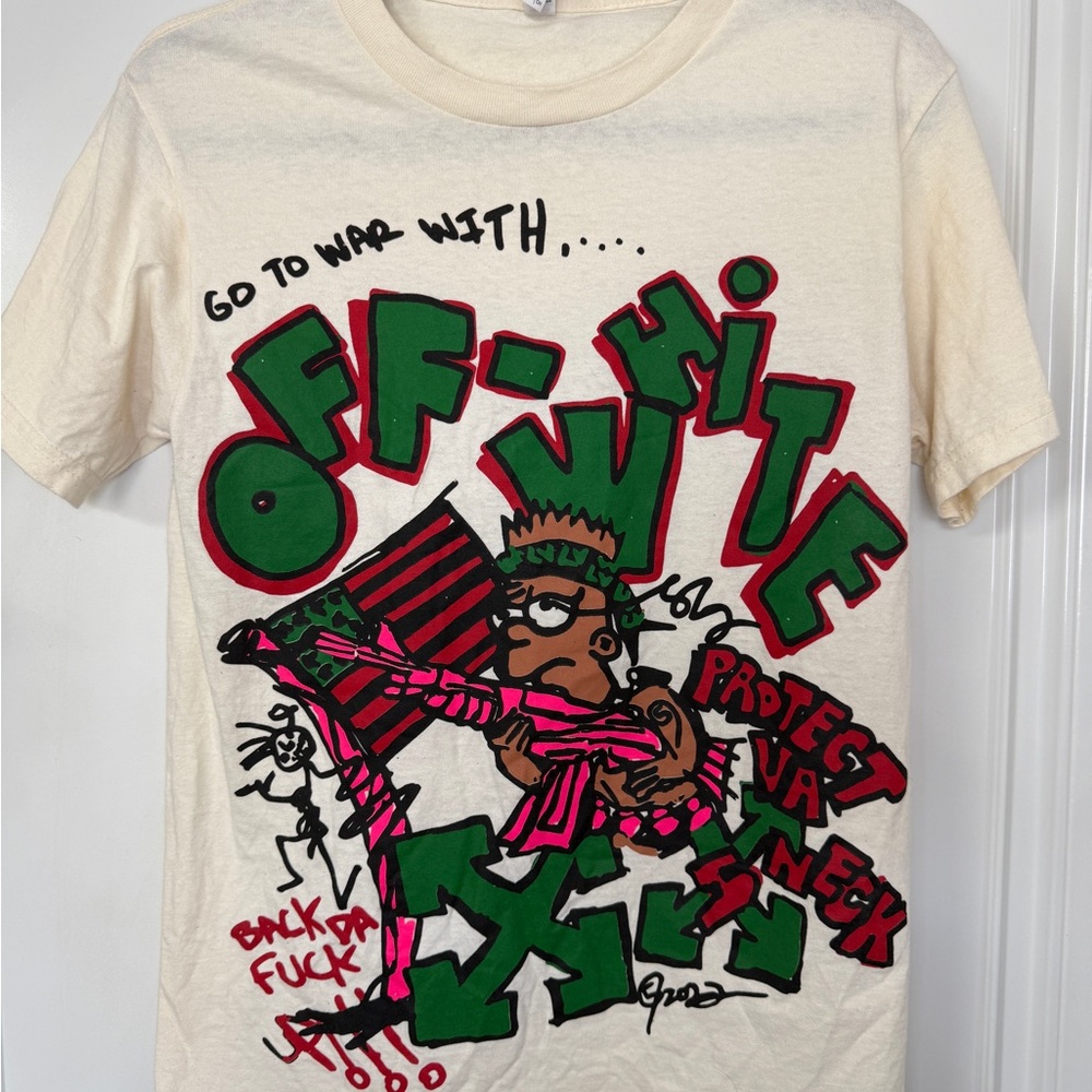Off-White Cream Graphic Short Sleeve Tee with Green & Red Print